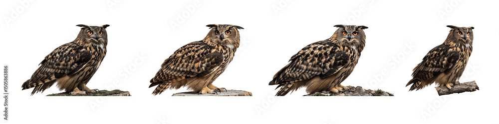 Fototapeta premium A Set For Four eurasian eagle owls isolated on transparent background, perched on different surfaces