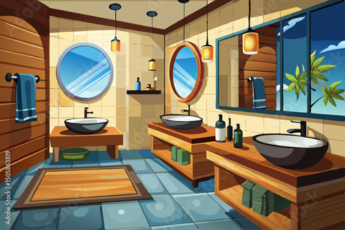 vector of Private bathroom with wall-mounted wooden vanity and black sink and pill-shaped mirrors. Luxury hotel.