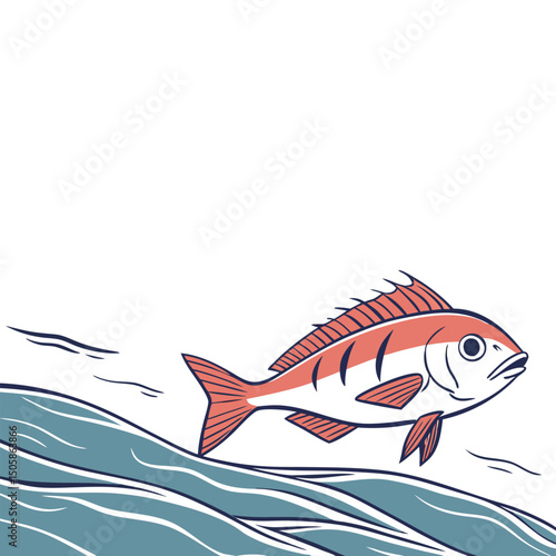 Flat Ocean Scene with Snapper Fish Simple Underwater Design Vector Illustration