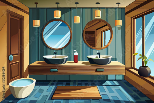 vector of Private bathroom with wall-mounted wooden vanity and black sink and pill-shaped mirrors. Luxury hotel.