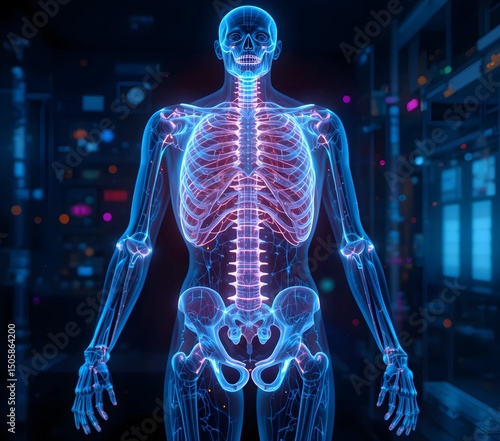 3D Glowing Human Skeleton on Abstract Dark Background Representing Digital Anatomy, Bone Structure, and Advanced Medical Visualization Technology for Healthcare and Education