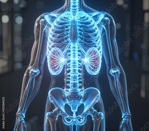 3D Glowing Human Skeleton on Abstract Dark Background Representing Digital Anatomy, Bone Structure, and Advanced Medical Visualization Technology for Healthcare and Education