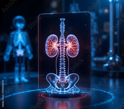 3D Glowing Human Skeleton on Abstract Dark Background Representing Digital Anatomy, Bone Structure, and Advanced Medical Visualization Technology for Healthcare and Education