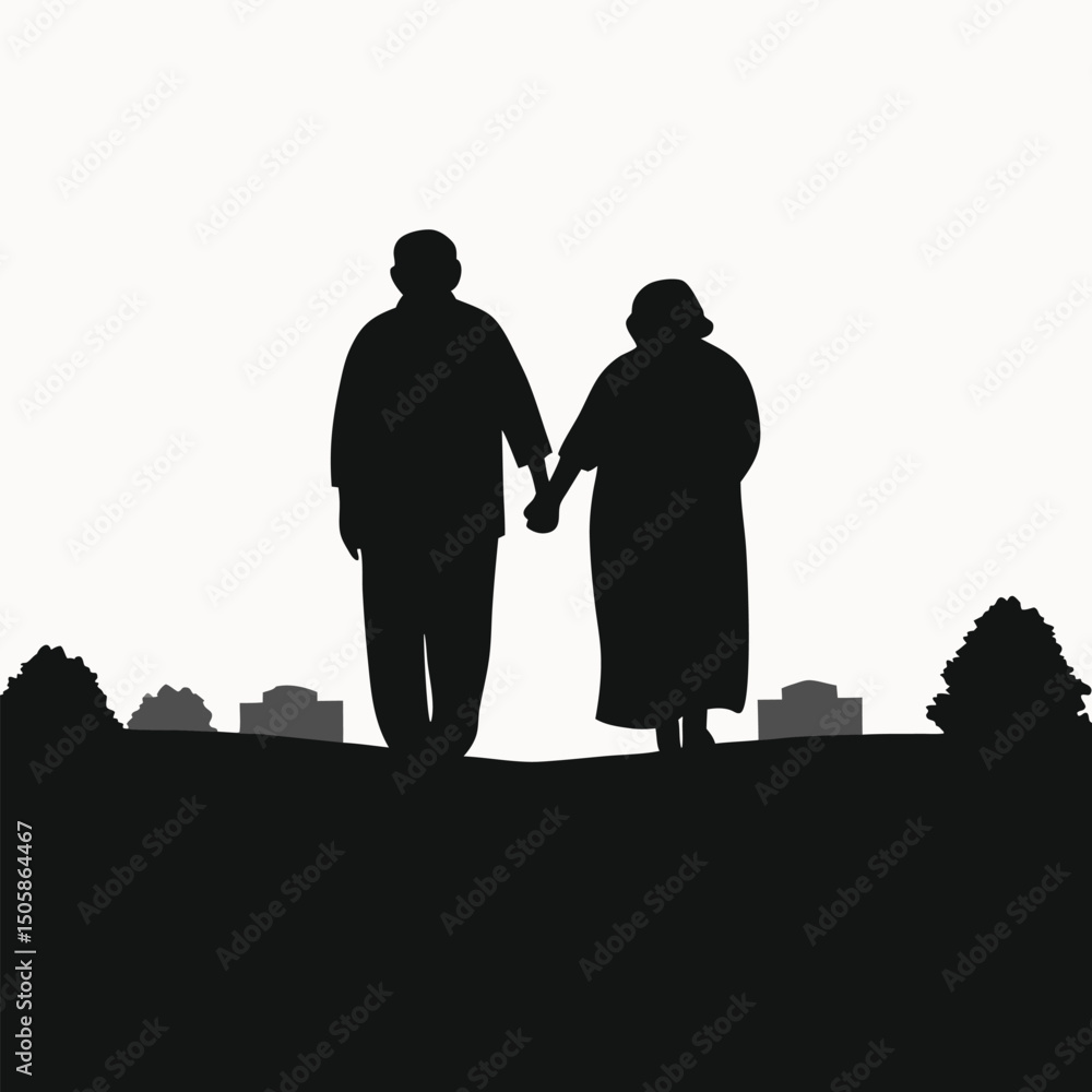 Obraz premium Silhouette of Elderly Couple Holding Hands, Peaceful Retirement Concept