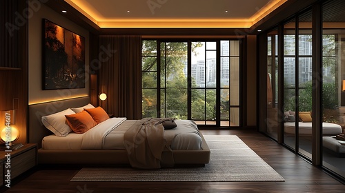 Wallpaper Mural Warmly lit designer bedroom with wooden floors and soft orange accents high resolution image Torontodigital.ca