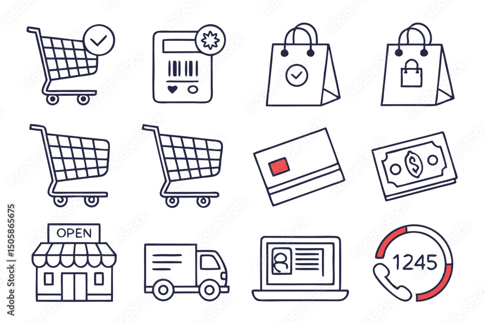 Clean Line-Art E-Commerce Icon Set – Shopping, Payment, Delivery & Support Symbols Clean Line-Art E-Commerce Icon Set – Shopping, Payment, Delivery & Support Symbols