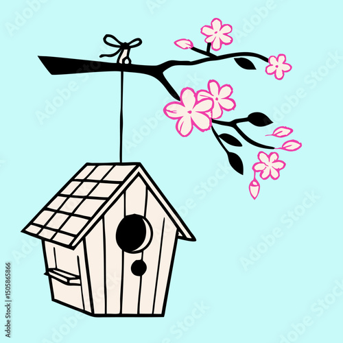Cute Birdhouse Hanging from Cherry Blossom Branch