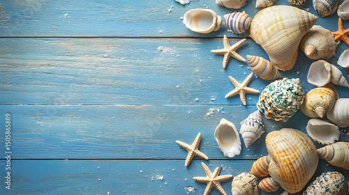 Seashells and starfish on a painted wooden surface.