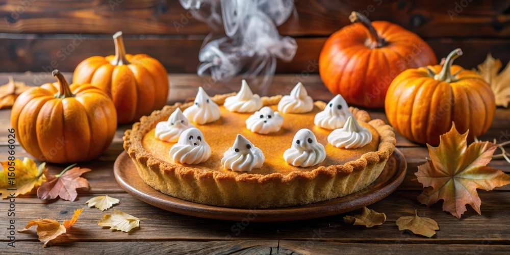 Spooky Pumpkin Pie with Whipped Cream Ghosts Decorated with Chocolate Chips on a Wooden Table Spooky Pumpkin Pie with Whipped Cream Ghosts Decorated with Chocolate Chips on a Wooden Table