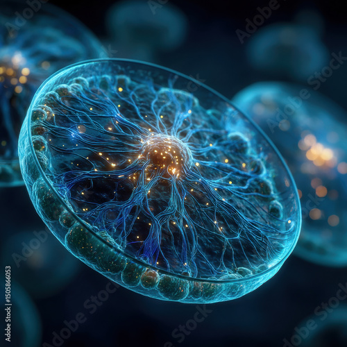 Glowing Neuron Network: Abstract illustration showing a complex network of neurons, radiating out from a central core within a circular cell.