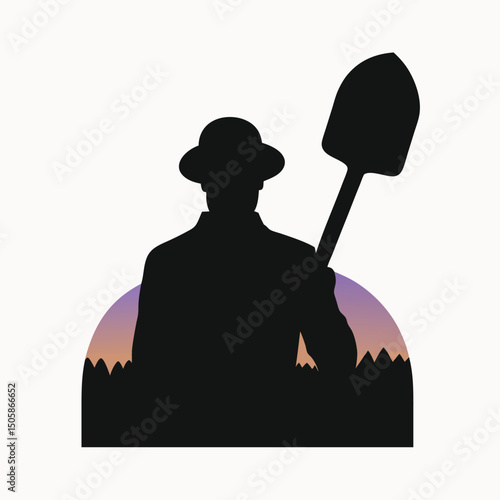 Silhouette of a Farmer with a Shovel at Sunset Agriculture, Gardening, and Hard Work