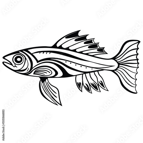 Stylized Snook Fish Illustration in Black Ink with Flourishes Vector Design