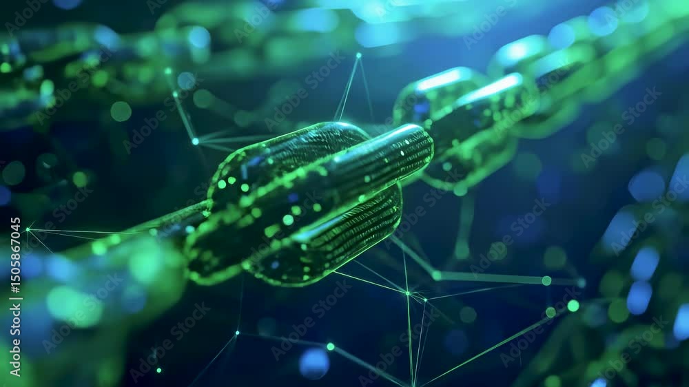 Close-up animation of a glowing digital chain symbolizing blockchain technology, secure transactions, and data integrity across a connected digital ledger system.