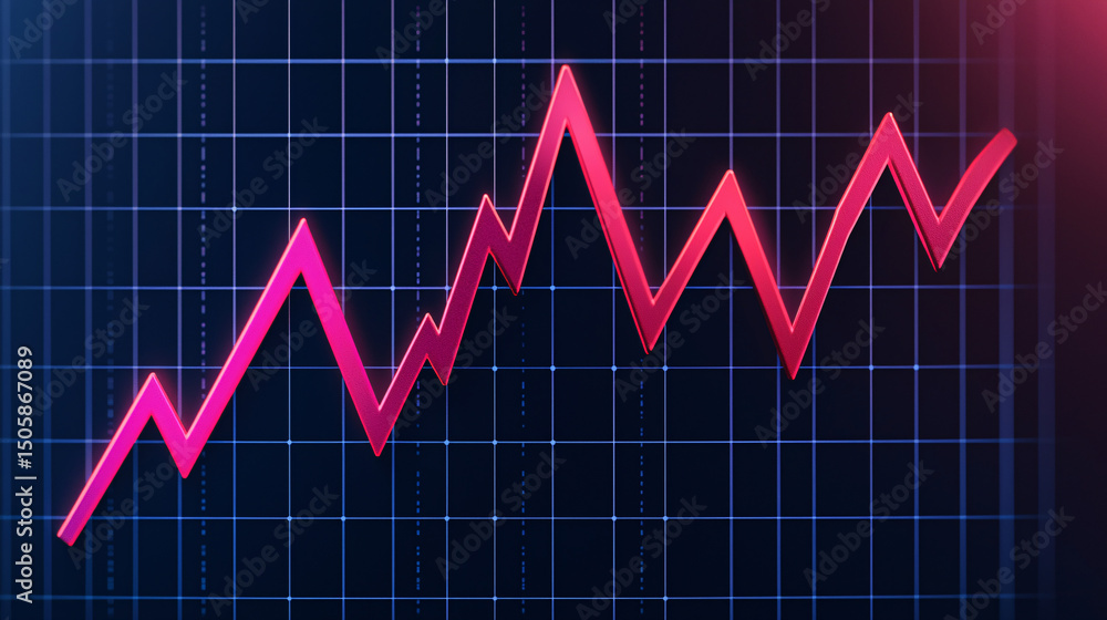 Naklejka premium A pink line graph with sharp peaks and valleys is displayed on a dark grid background, indicating fluctuating data trends.