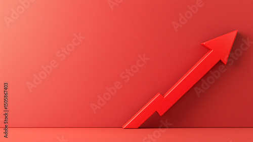 A red upward zigzag arrow on a red background symbolizes growth, progress, and rising trends.
