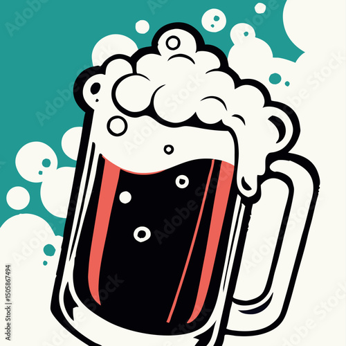 Retro Mug of Dark Beer with Foam, Vintage Style Illustration