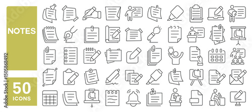Set of 50 line icons related to notes, sticky note, sheet, reminder, edit, page, notice, Editable stroke. Vector illustration