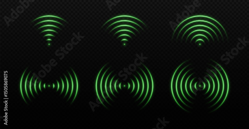 Sound wave and radar light. Wi-Fi signal with laser neon glow. Scanning network or field. Vector set of elements on transparent background.