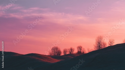 Pastel pink and lavender sunset sky over rolling hills with tree silhouettes and dreamy cinematic mood