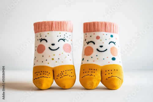 A pair of colorful socks in bright red and blue fashion style appear isolated among the raindrops during the autumn rain.