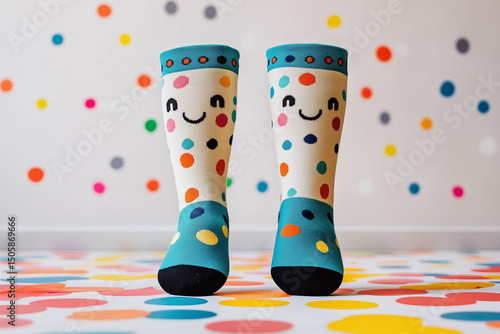 A pair of colorful socks in bright red and blue fashion style appear isolated among the raindrops during the autumn rain.