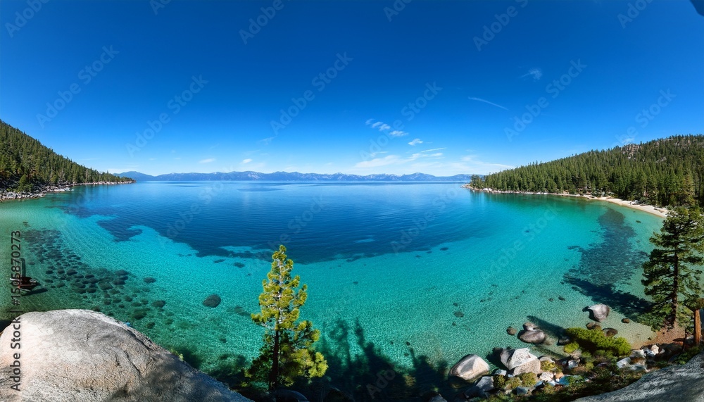 panoramic view of lake tahoe clear water blue sky panoramic panoramic view of lake tahoe clear water blue sky panoramic