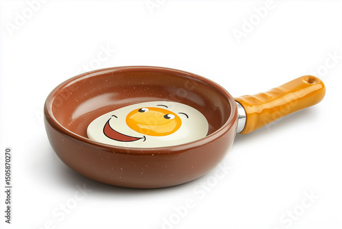 A delicious fried chicken egg with a vibrant yellow yolk cooks in a black frying pan skillet, providing a healthy protein breakfast meal prepared in a white kitchen