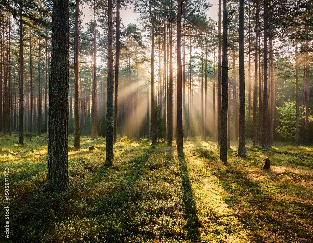 Fototapeta premium serene morning glow in deep pine forest with sunlight rays