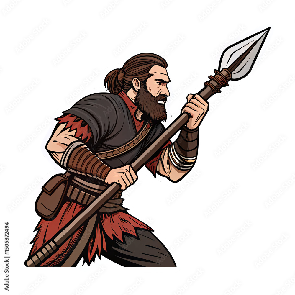 Obraz premium Fierce Male Warrior Character Holding Spear in Dynamic Pose Transparent Background