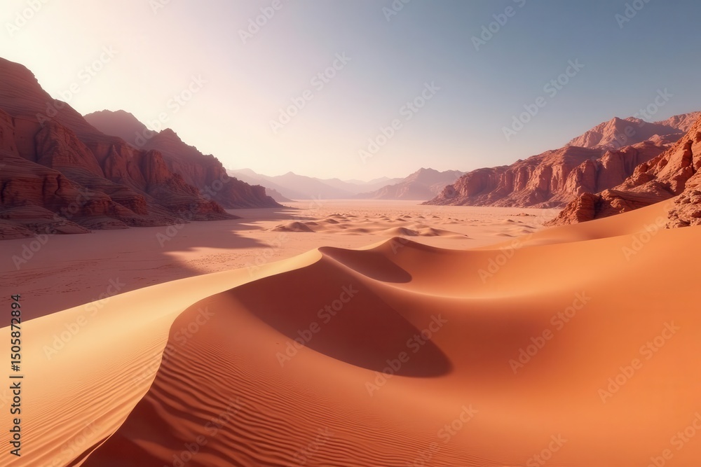 Naklejka premium Dusty rose-hued sand swirls across Wadi Rum's majestic landscape , sandstorm, adventure