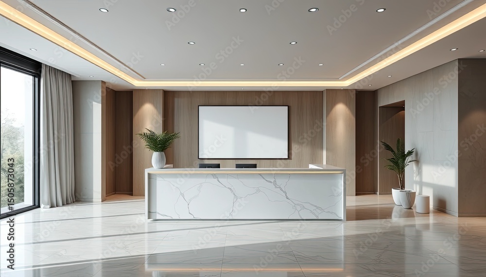 Fototapeta premium Modern Marble Reception Desk in Luxurious Office Lobby
