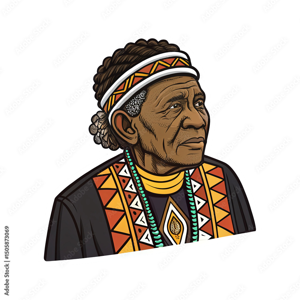 Obraz premium Elderly Indigenous Man Portrait with Traditional Attire and Accessories on Transparent Background
