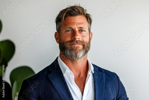 Professional Man Smiling in a Suit Against a Neutral Background During Daytime