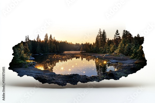 Sunset Reflections in a Serene Forest Lake With Glowing Lights
