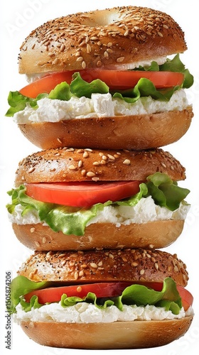 Freshly Stacked Bagels With Cream Cheese, Lettuce, and Tomato for a Hearty Br...