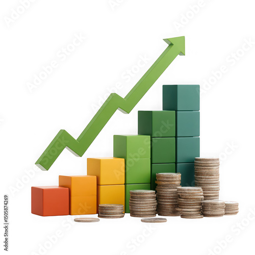 Financial growth chart with coins isolated on transparent background