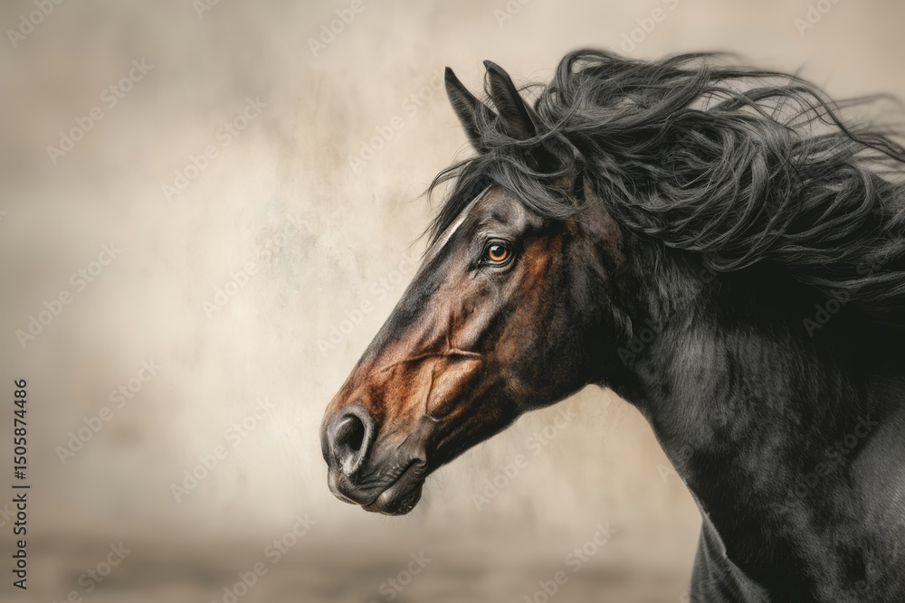 Fototapeta premium Majestic black horse with flowing mane poses against a soft background