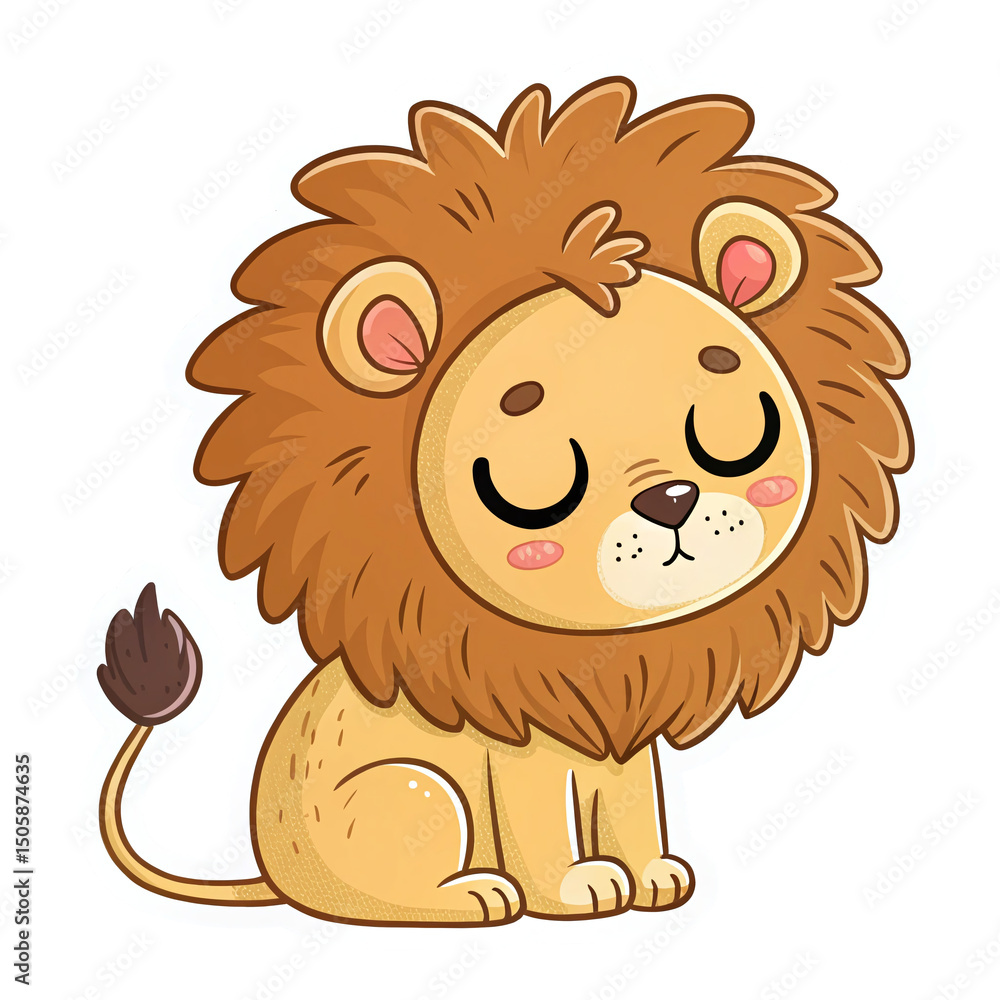 Fototapeta premium Cute Cartoon Lion Character with Big Mane Sitting Calmly on Transparent Background
