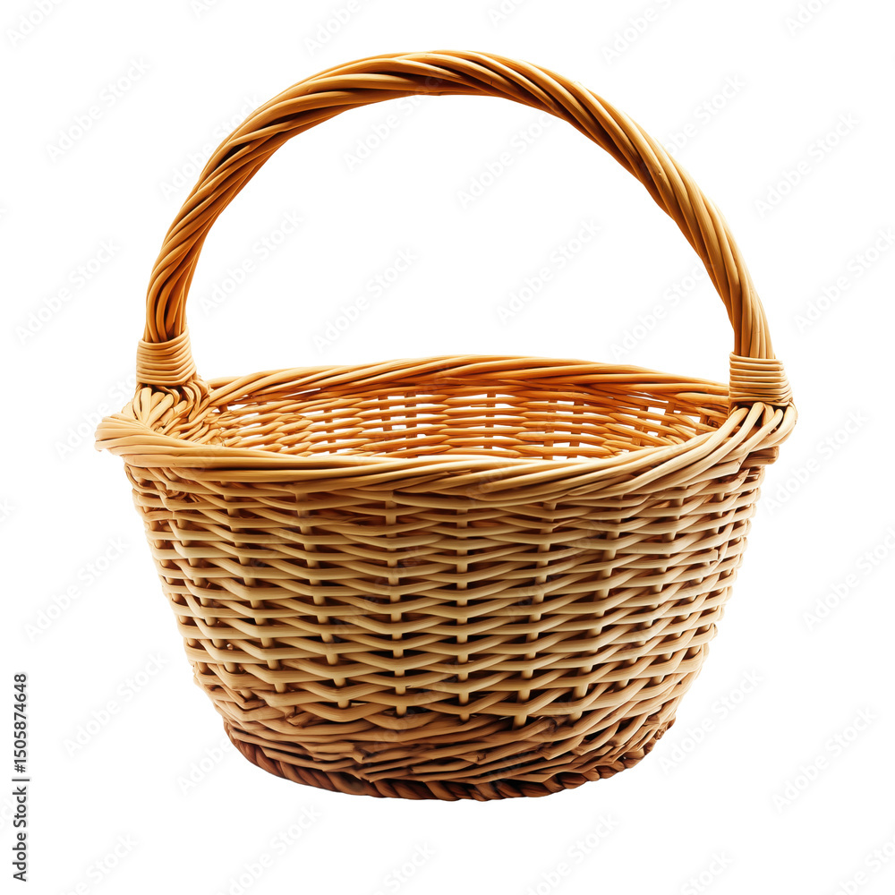 Obraz premium Empty wicker basket with handle on transparent background