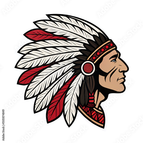 Native American Chief with Colorful Feather Headdress on Transparent Background