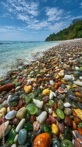 Colorful Pebbles Lining the Shore at a Beautiful Beach Under a Clear Sky