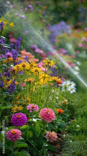Colorful Garden Filled With Vibrant Flowers and Gentle Sprinklers in a Serene...