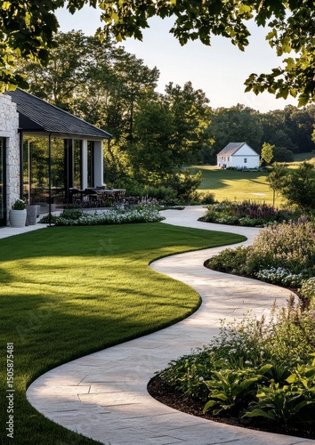 Lush Garden Pathway Winding Through Serene Landscape Near Rustic Farmhouse