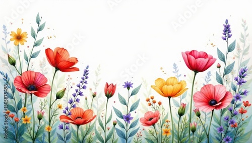 Delicate watercolor wildflowers, densely arranged, repetitive design , feminine, nature