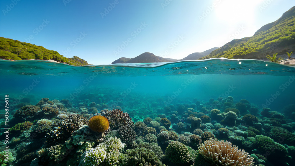 Fototapeta premium Colorful coral reef in blue water. Underwater biodiversity for marine biology or conservation topics or travel.