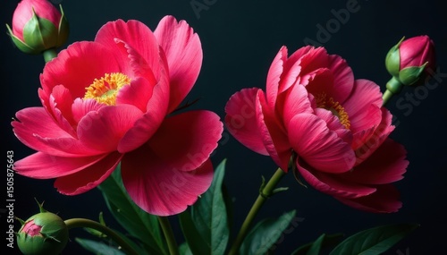 Bold peony & poppy print, vibrant hues on black, repeat, red