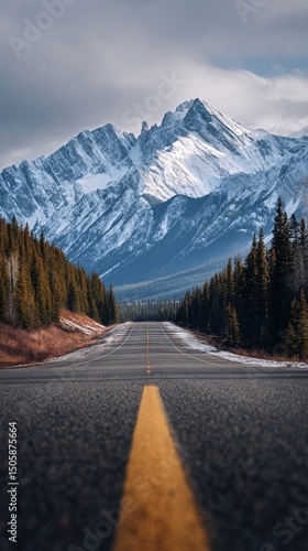 Majestic Mountain Road Under Cloudy Skies With Snow-Capped Peaks Visible in t...