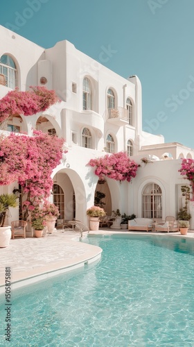 Stunning Poolside View of a White Villa Adorned With Vibrant Pink Bougainvill...