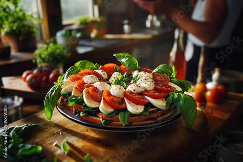 Fresh Mozzarella and Tomato Stack With Basil in Rustic Kitchen Setting.