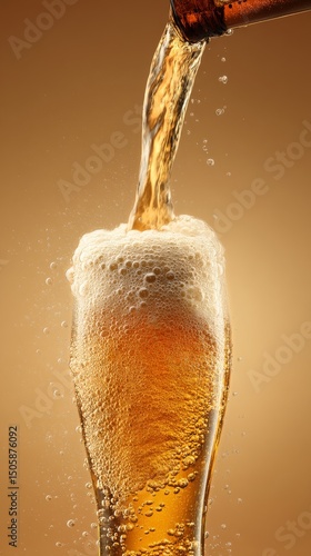 Pouring a Cold Beverage Into a Glass With Foam and Bubbles Against a Warm Bac...